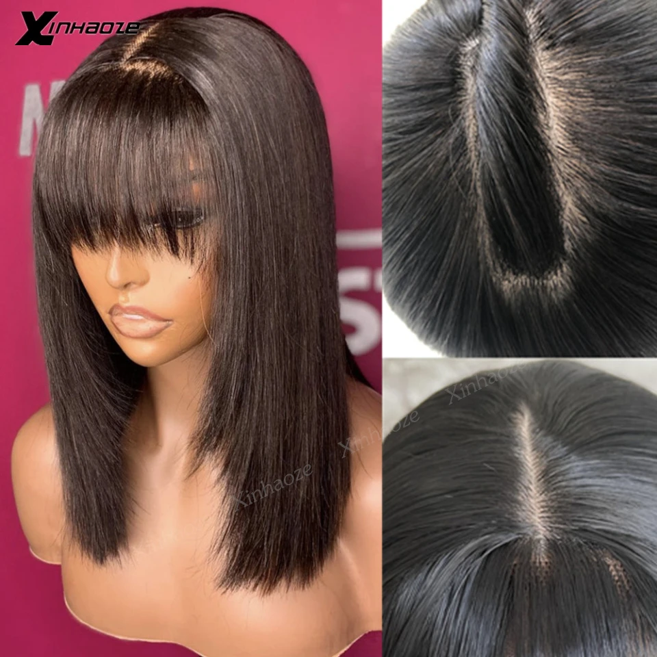 5x5 Silk Top Human Hair Wigs With Bangs Straight Hair Bob Wig 8 16" Natural  Black Color Short 13x6 Lace Frontal Human Hair Wigs| | - AliExpress