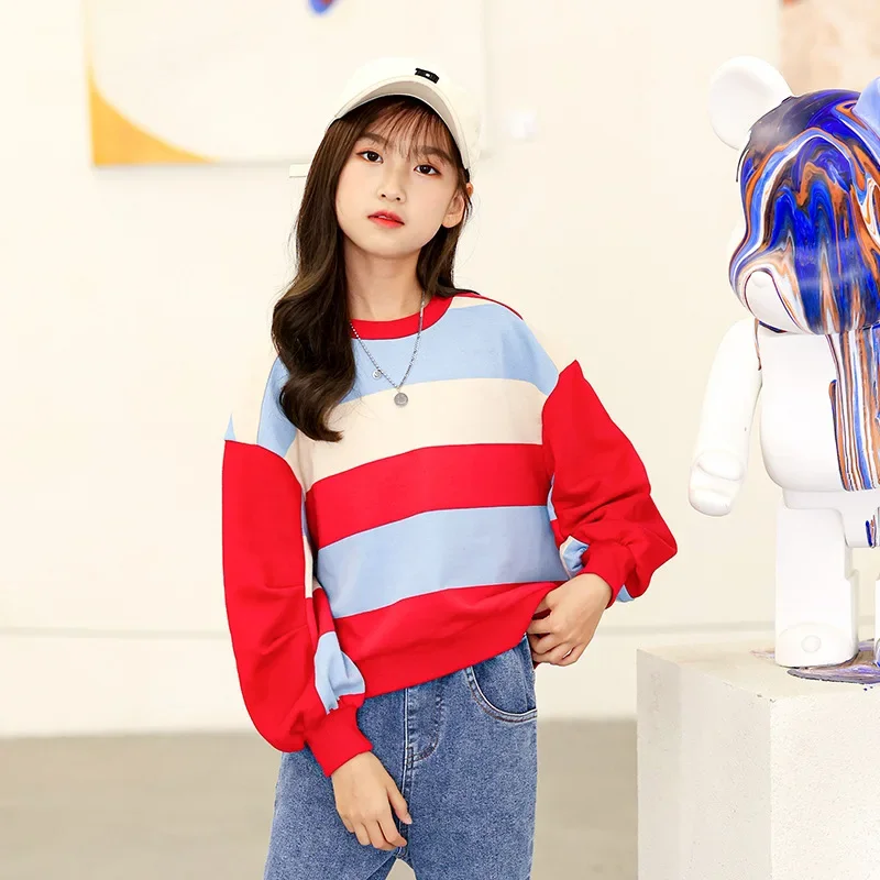 

New Girls Striped Patchwork Sweatshirt 2021 Autumn Children Pullover Casual Clothes Brief Mother and Daugther Cotton Tops, #6618