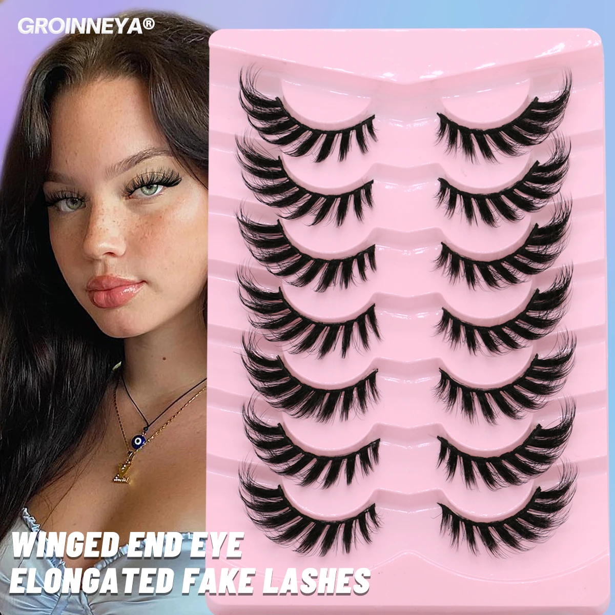 GROINNEYA 5/7 Pairs Cat Eye Lashes Faux Mink Eyelashes Fluffy long Full