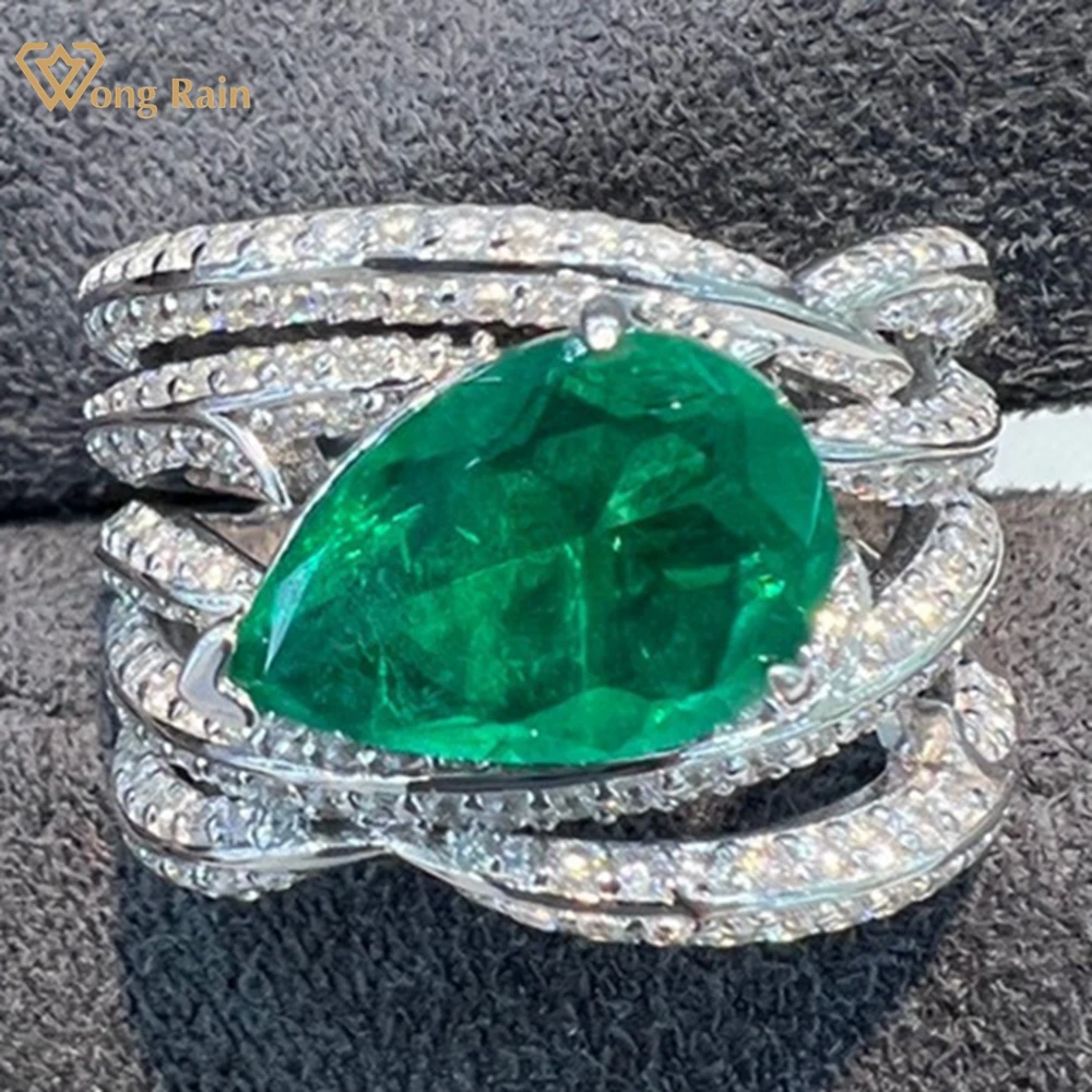 

Wong Rain Vintage 925 Sterling Silver Pear Emerald High Carbon Diamond Gemstone Jewelry Women Cocktail Ring Anniversary Gifts