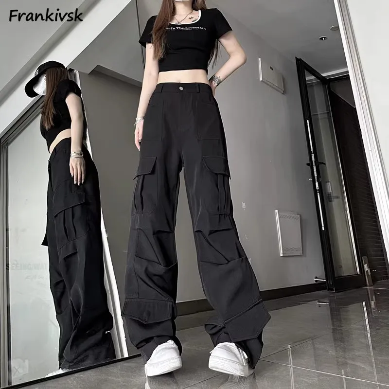 

Loose Pants Women Summer Trendy Leisure European Style Retro Simple Solid Streetwear Elegant Cozy Pocket All-match Pantalones