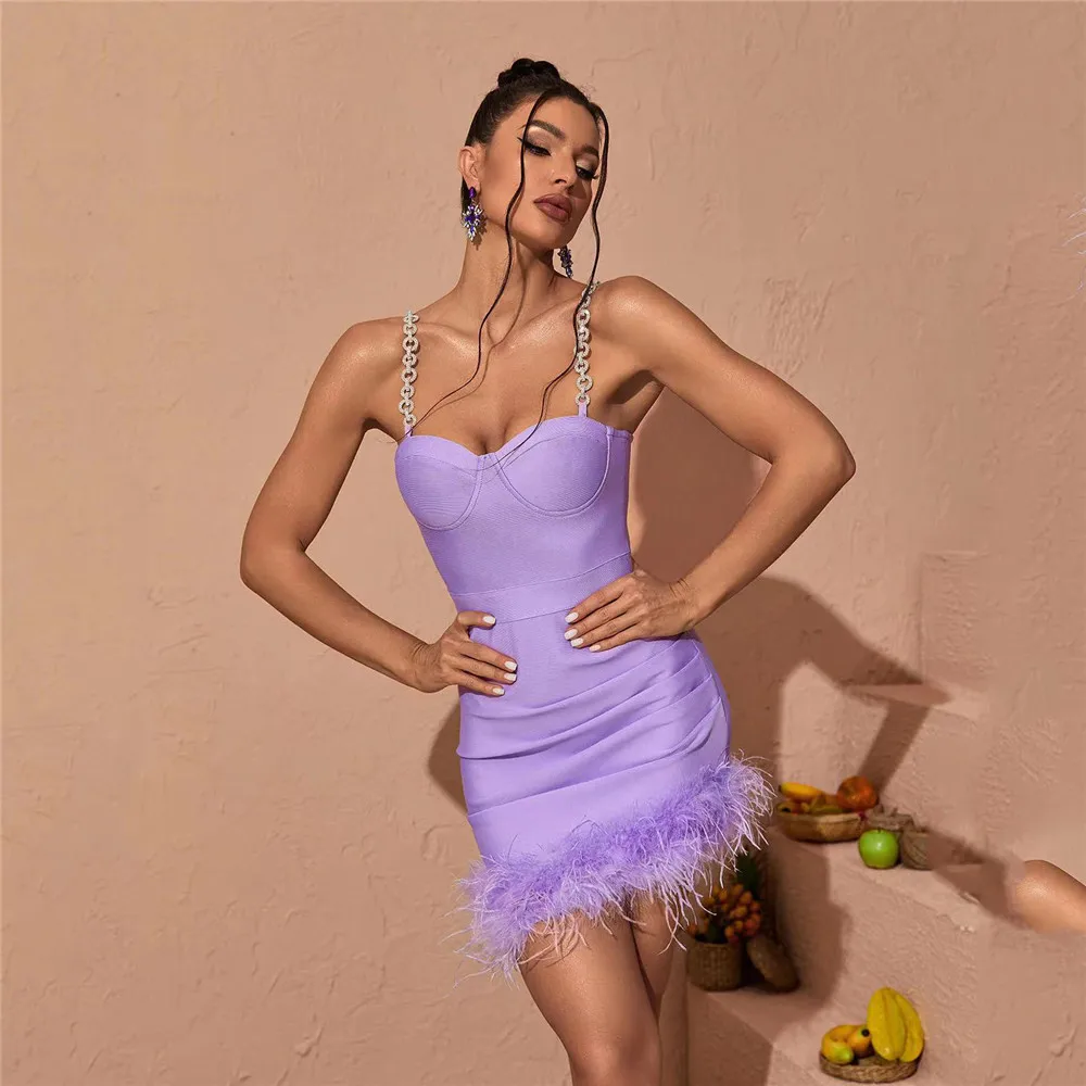 

2023 New Black Sleeveless Spaghetti Strap Bandage Dress Women Sexy Feathers Beading Clothes Club Party Celebrity Elegant Dresses