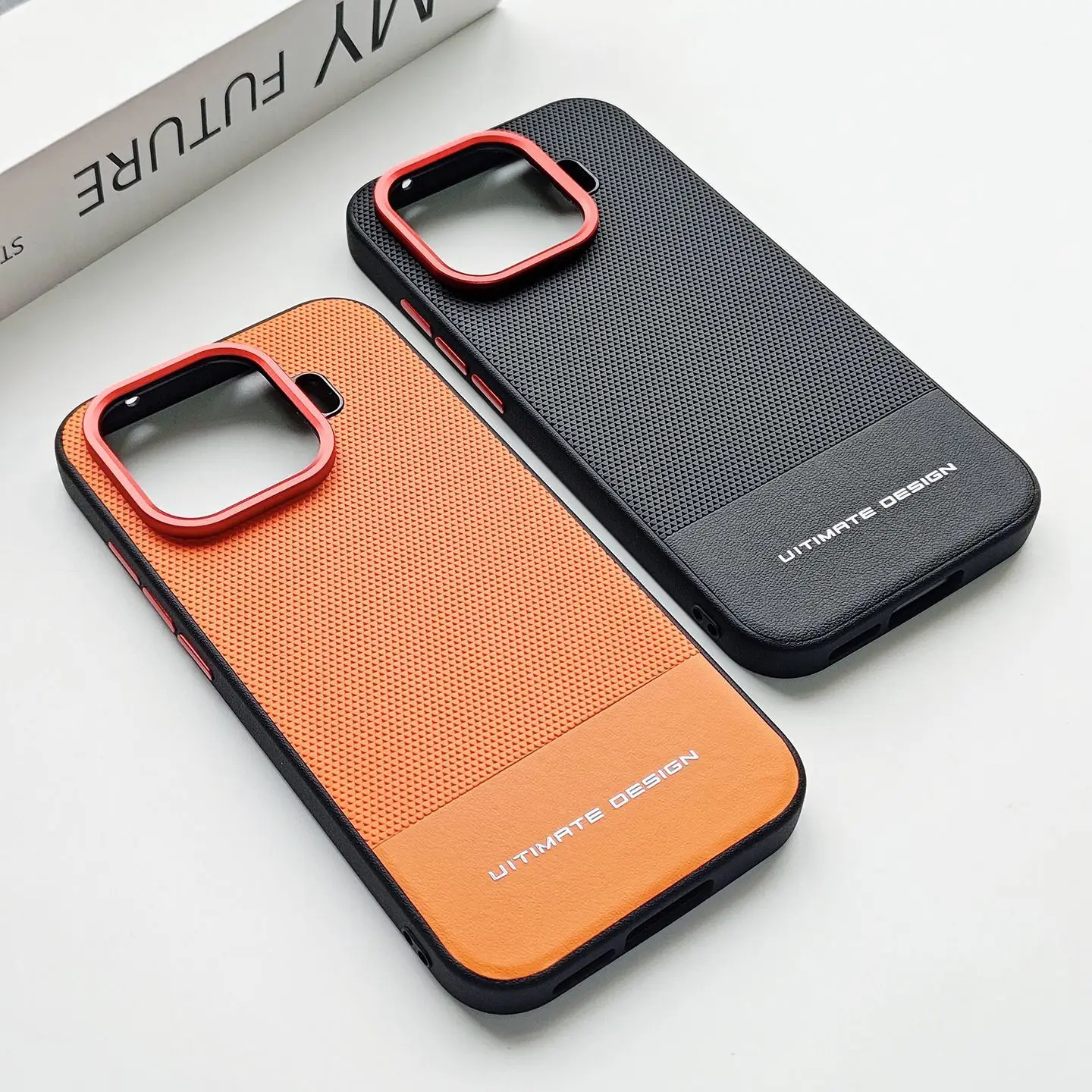 Triangular Textured Leather Case with Red Ring Lens Frame and Shockproof Bumper - Simple Red