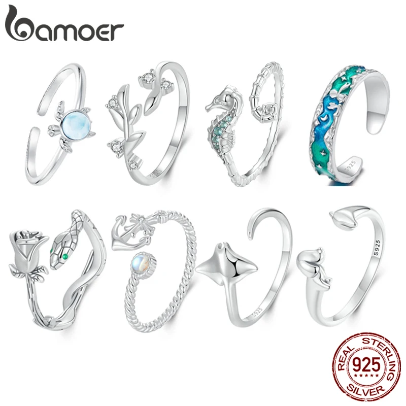 

Bamoer 925 Sterling Silver Anchor/Snake/Sea Turtle/Dog Open Ring Animal Adjustable 5-9 Twisted Ring for Women Party Jewelry Gift