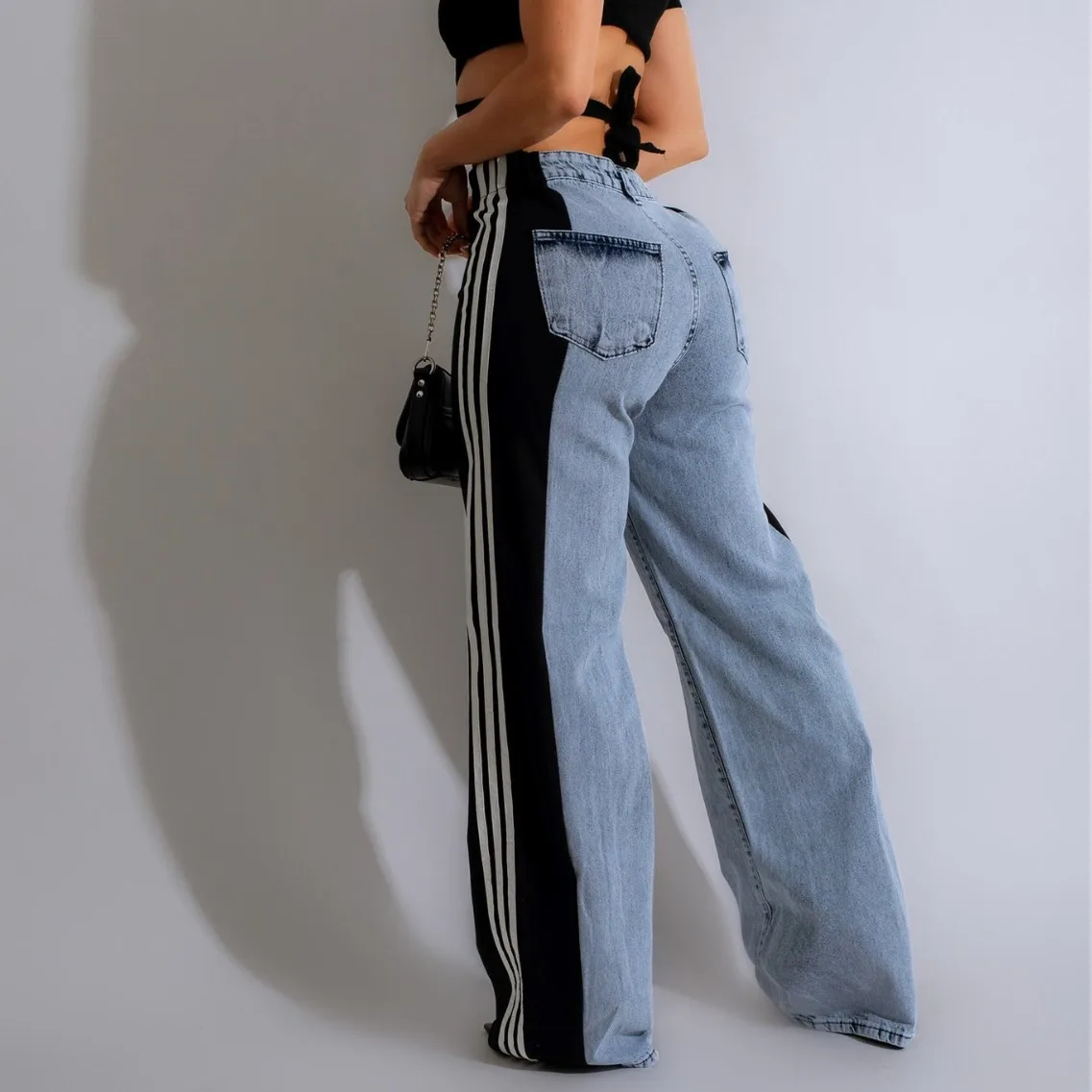 Splicing Three Stripes Wide Leg Denim Pants Women's 2024 Summer Fashion New Casual High Waist Stretch Straight Jeans Pant