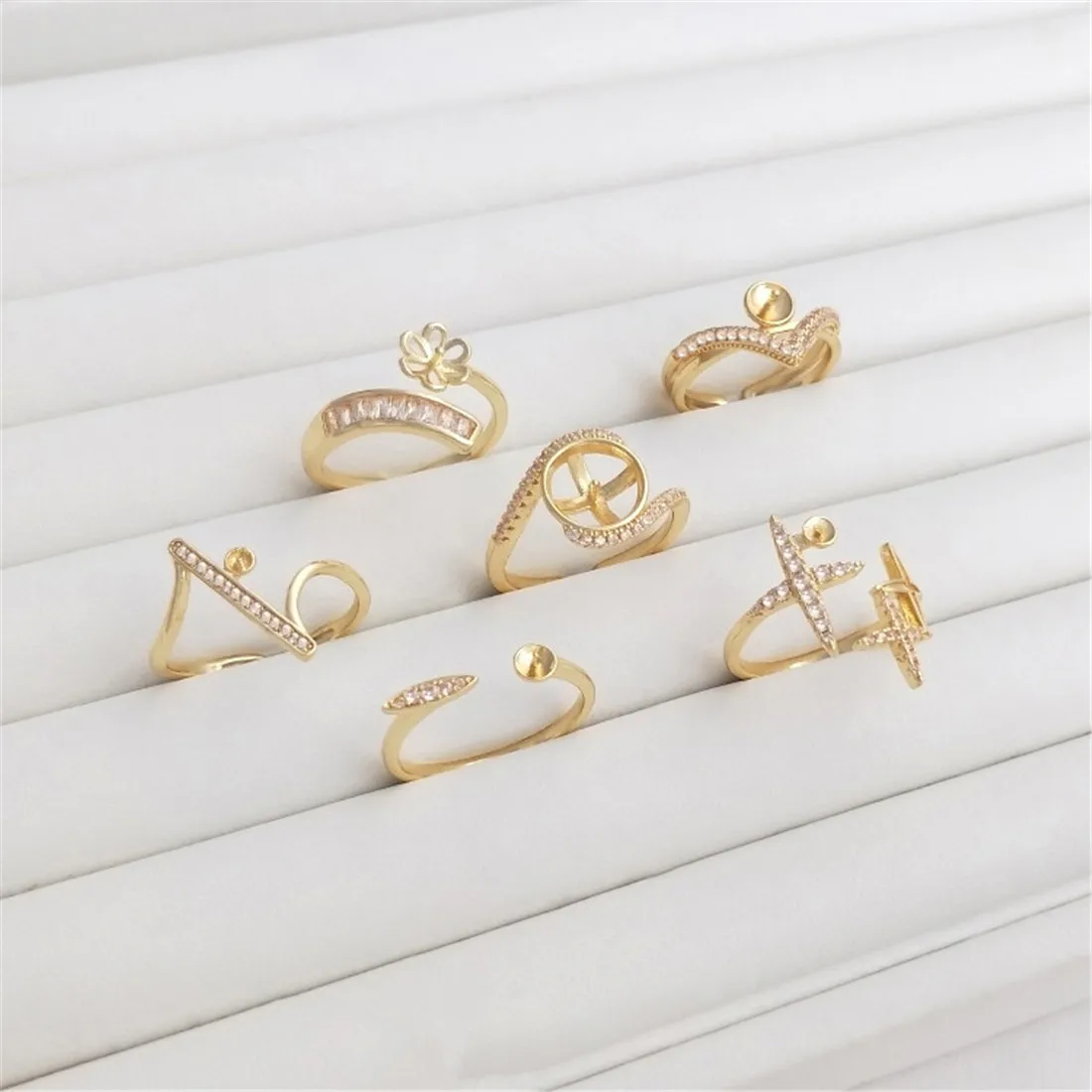 Micro-set Zircon 14K Gold-filled Half-hole Bead Setting Ring Is Fashionable Light Luxury DIY Viscose Crystal Pearl Empty Setting