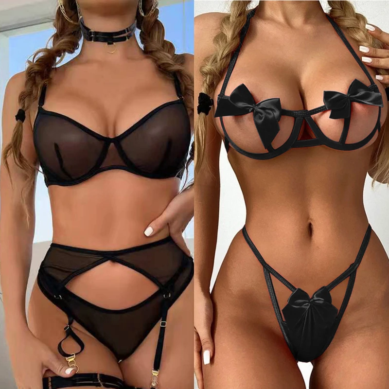 

Women Brief Bra Set Sexy Lingerie Plus Size 5XL Hollow Underwear Set Erotic Sensual Bra Strappy Thong Nightwear Pajamas