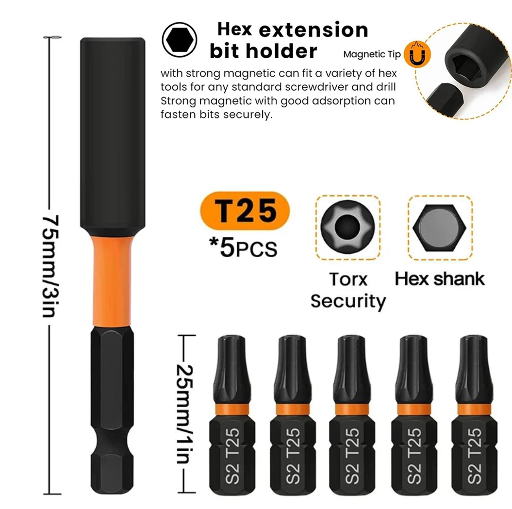 Hochwertiges magnetisches Torx-Bohrer-Set, 5-teilig, T15, T20, T25, Schraubendreher-Bits mit 1/4 Zoll Sechskantschaft, 75 mm Länge für sichere Befestigung – Detail 11