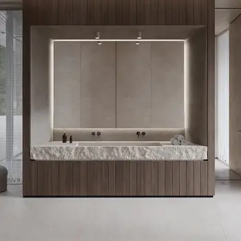 วินเทจ Travertine อ่างล้างจานคู่คอนโซลพื้นผิว Undermount อ่างล้างหน้าพร้อมท่อระบายน้ําปกปิด, โต๊ะเครื่องแป้งหินเลี้ยงกลางศตวรรษ 2