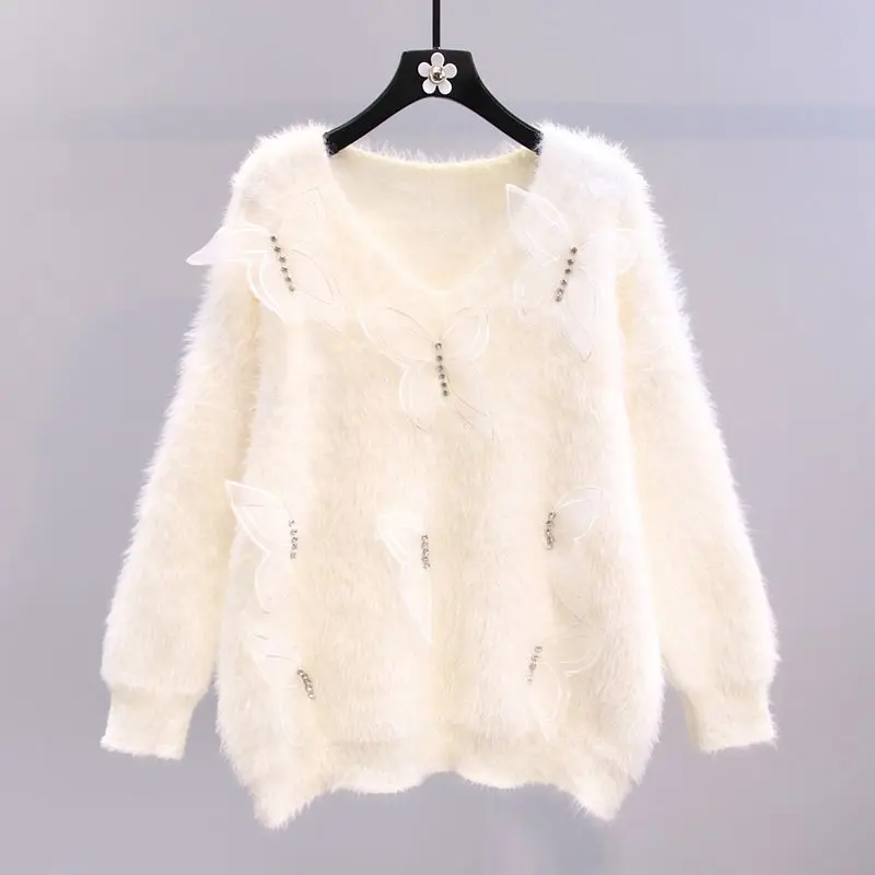 

Butterfly V-Neck Diamonds Inlaid Diamonds Mink Plush Sweater Women's Loose, Sweet, Soft, and Glutinous Knitted Top