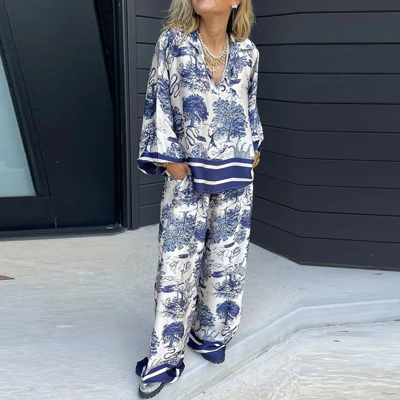 

Женский офисный комплект из 2 предметов, повседневный комплект из рубашки с длинным рукавом и брюк с широкими штанинами и принтом, весна 2024