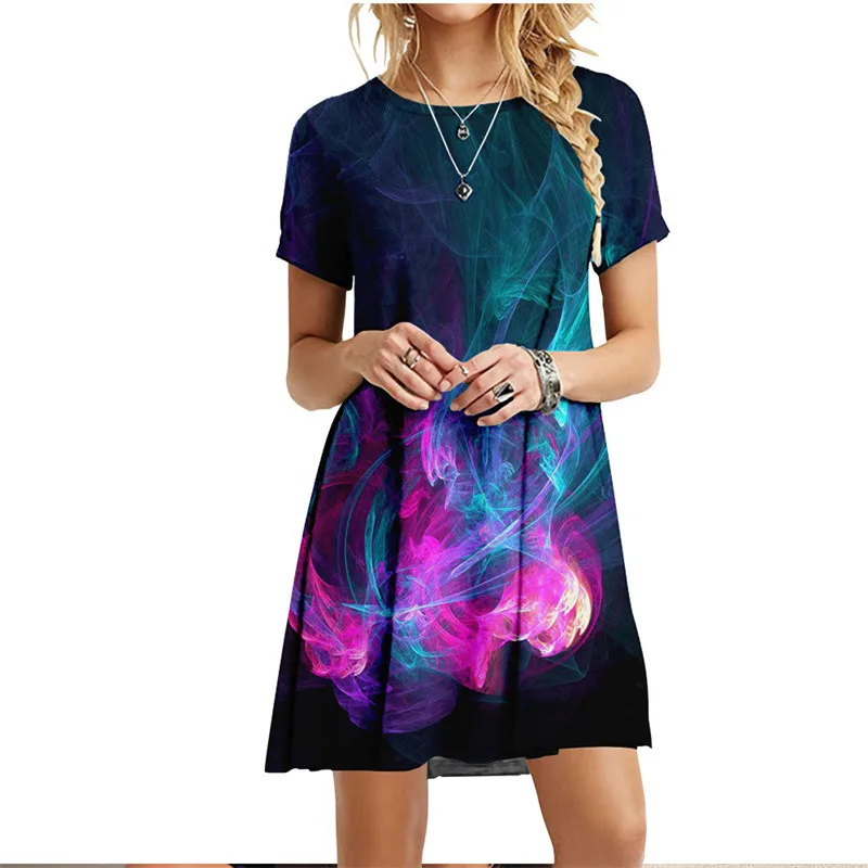 New 2022 Women Dresses 3D Flame Cloud Eruption Dress Summer Casual Short Sleeve Loose Plus Size Dress Fashion Print Clothing 6XL
