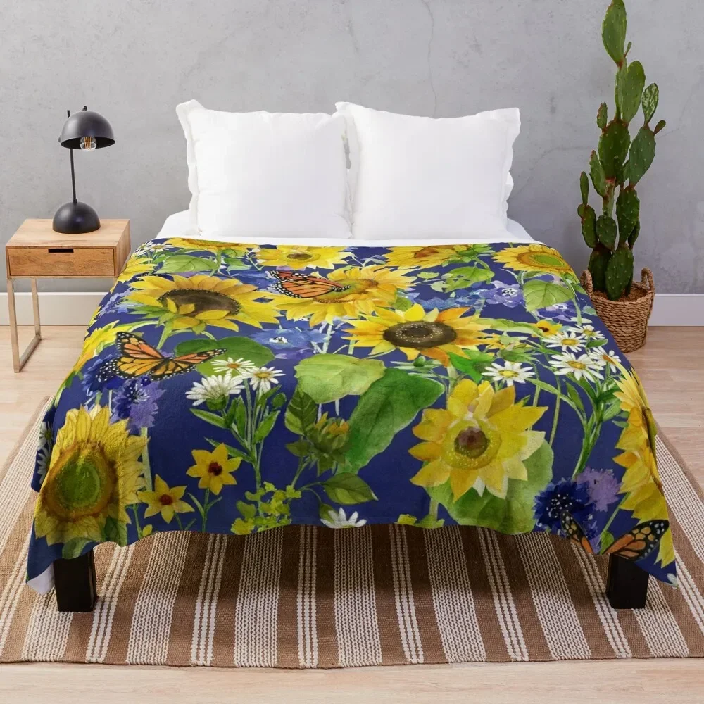 

Sunflowers and butterflies classic floral Throw Blanket Custom warm winter Luxury Designer Blankets