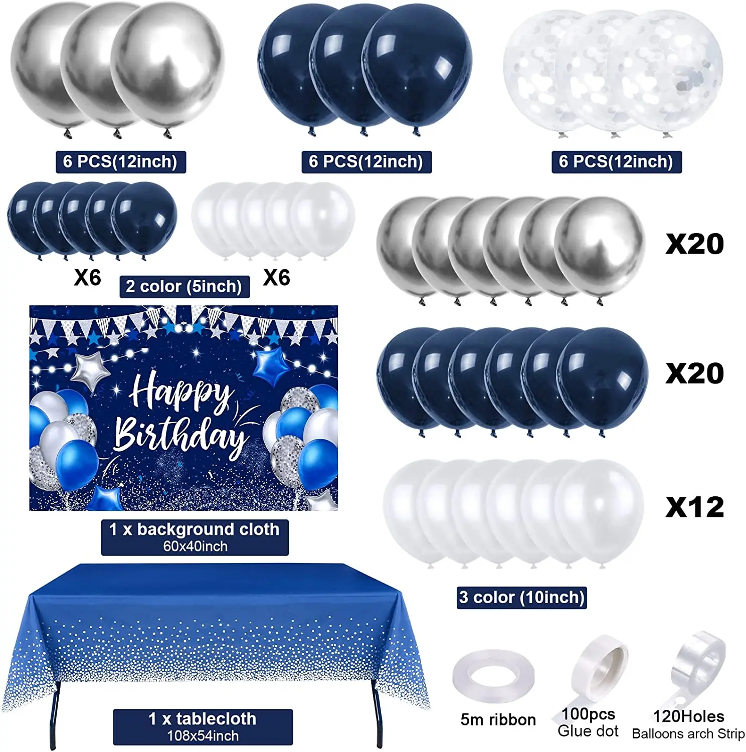 Set Palloncini 10 Anni Compleanno Ragazzo – Blu Navy – Decorazioni Con Numero E Festone