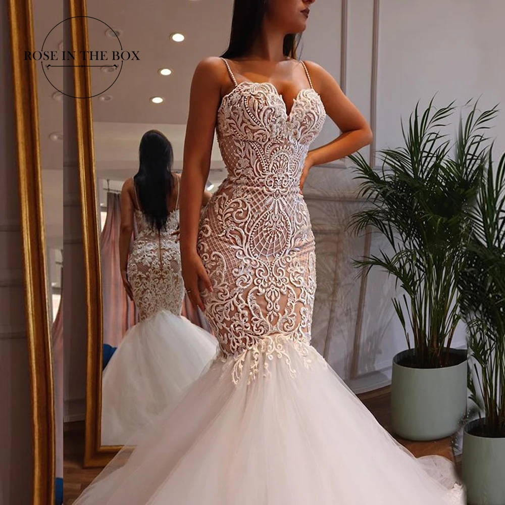 

Elegant Tulle Spaghetti Straps Mermaid Wedding Dresses 2022 Vintage Lace Applique Floor Length Zipper Back Bridal Gowns