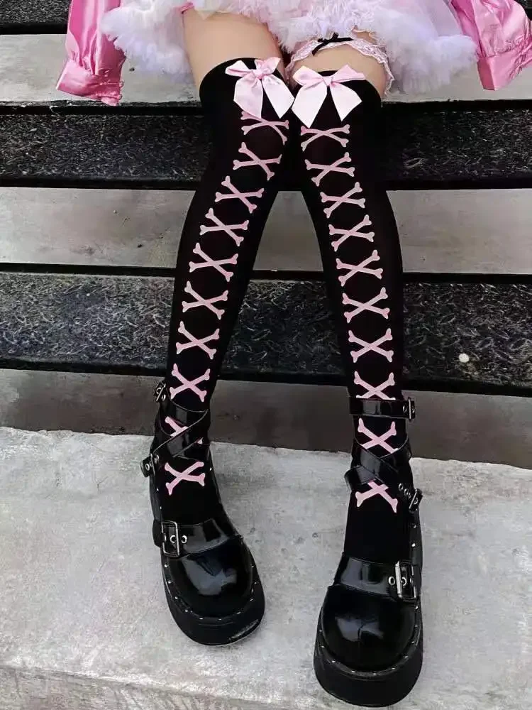 New Gothic Bone Bow Long Socks Streetwear Girls Black Sweet Cute Pink Y2K Harajuku Lolita Fishnet Thigh High Stockings Costumes