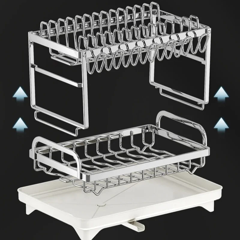 Kitchen Dish Drying Rack Adjustable Stainless Steel 2 Tier Plates Organizer Dish Bowl Drainer Storage Rack Kitchen Utensils 6
