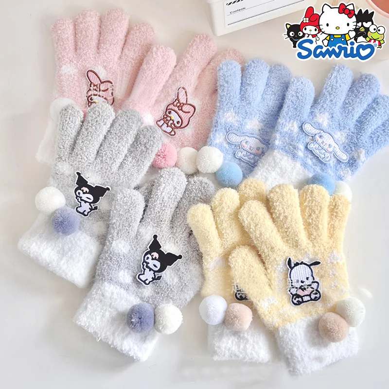 

Sanrios Plush Gloves Kuromi Anime Peripheral Cinnamoroll Winter Student Warm Minute-Hand Knitted Gloves Women Ring Mouth Style