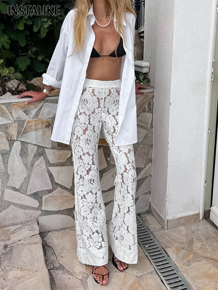 InstaLike Y2K Lace Hollow Out Flare Pants Korean Fashion Elegant Streetwear Youthful New Women Casual Long Trousers Clothes 2024