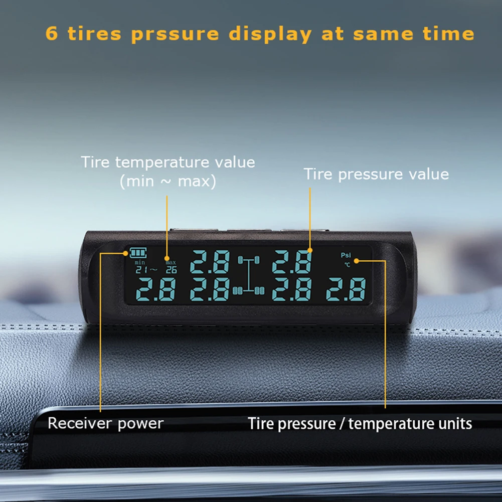 Solar Truck TPMS Tire Pressure Monitor 6 External Sensor LCD Display Car Tire Pressure Monitoring Tyre Temperature Alarm System 6