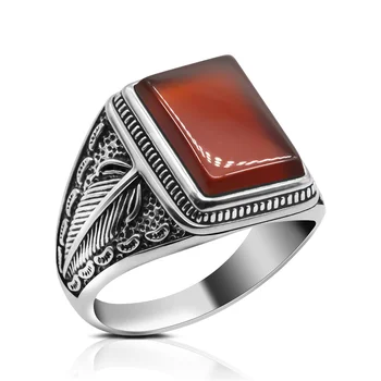 Silver 925 Men Turkish Vintage Sterling Stylish and Unique Red Natural Agate Stone Men Ring