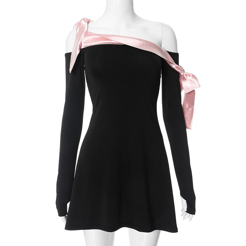 JULISSA MO 2025 Autumn Fashion Strapless Long Sleeve Bow Mini Dress For Women Sexy Slim A-line Outfits Solid Patchowrk Dress New