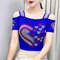New Designer Flower Hot Diamonds Ladies T-shirt Clothes Elegant Slim Mesh Tops Sweet Women Clothes Summer Elastic Tees