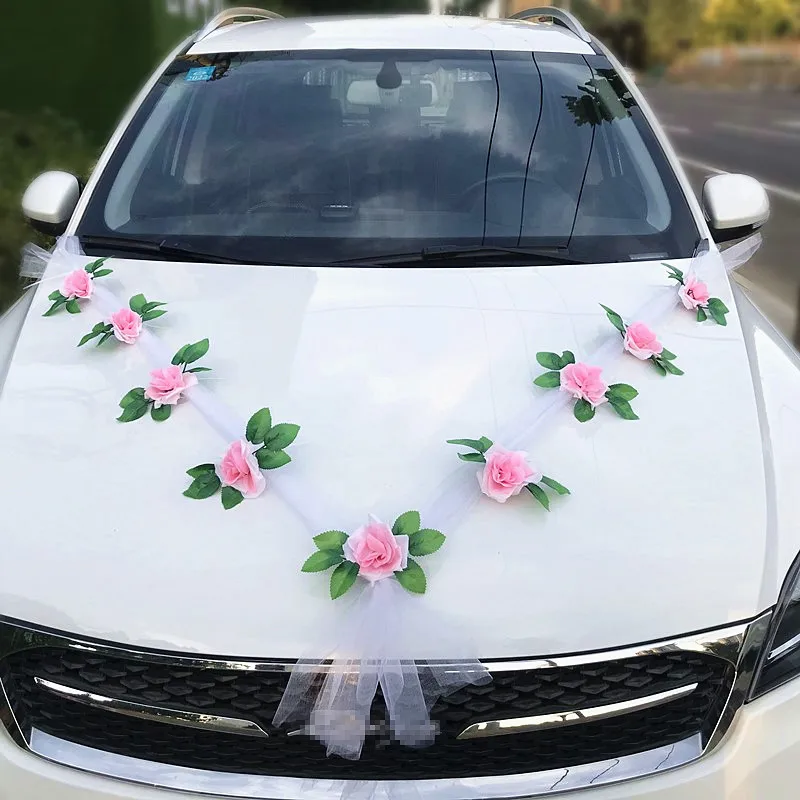 Juego De 2 Lazos Decorativos Para Coche De Novia. Organza Rosa Con Joyas. Perfectos Para Decoración De Boda, Despedida O Celebración. Fáciles De Colocar En Espejos O Manillas.