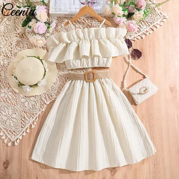 8-12Y Vestiti estivi per bambini per ragazze Canotta con spalle scoperte Top + Gonna a pieghe con cintura 3 pezzi Set di vestiti per ragazze per bambini con gonne