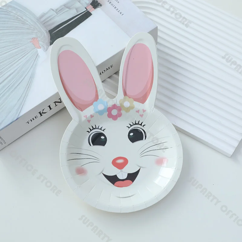 Easter Bunny Paper Plates Egg Shaped Dessert Plates Easter Tableware Pink Bunny Napkins Spring Rabbit Theme Party Dinnerware