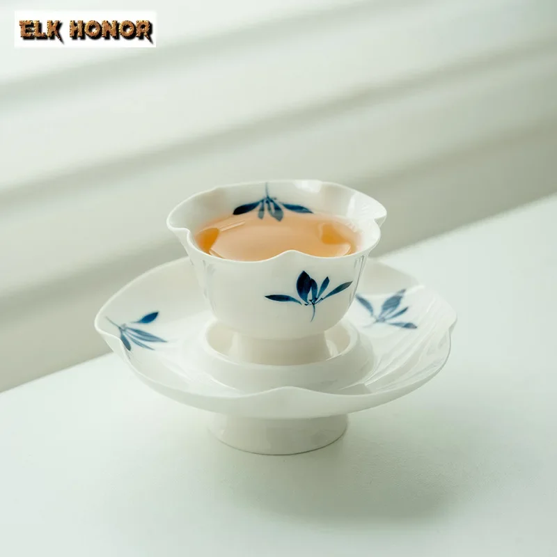 45ml Pure Hand-painted Butterfly Orchid Set of Cups Small Petal Set Cup with Coaster Holder Fragrance Master Cup Kung Fu Tea