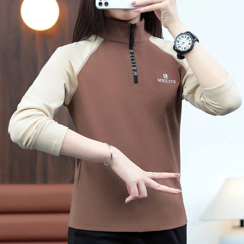 

Women's Autumn Winter Pullover Turtleneck Solid Letter Printed Zipper Long Sleeve T-shirt Undershirt Fashion Casual Loose Tops