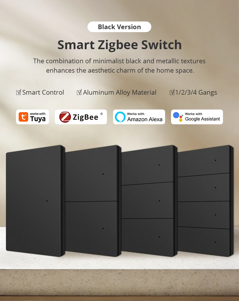 Zigbee Black Aluminum Alloy Wall Light Switch Full Button Activation Neutral Req
