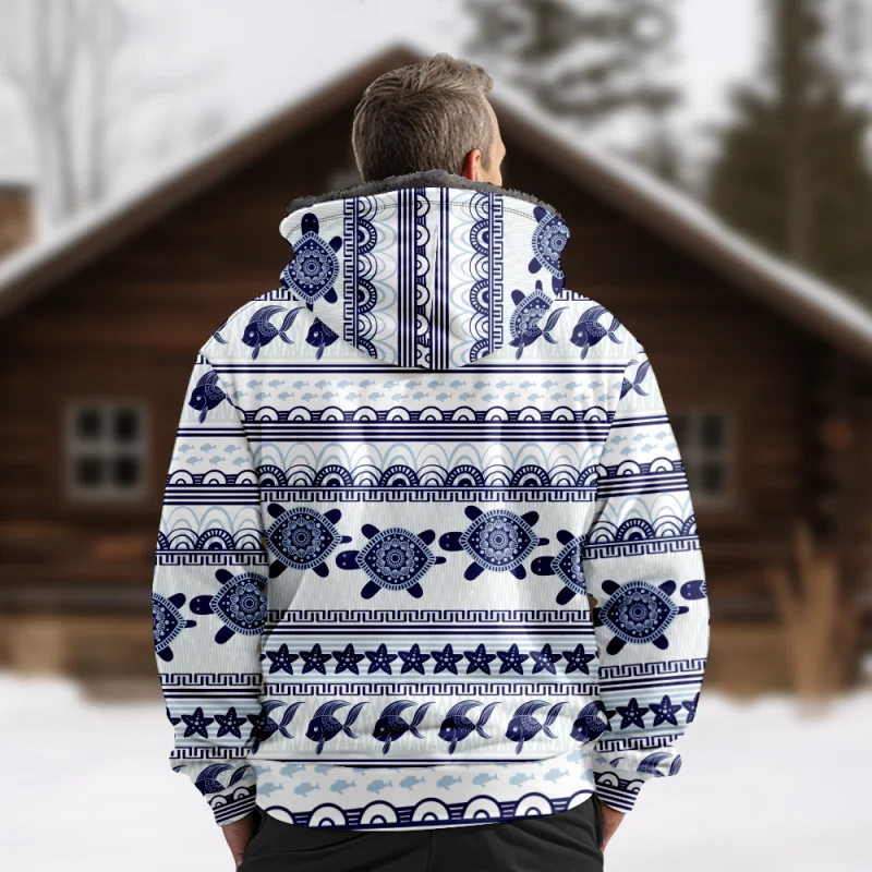 New Creative Cotton Coat Hooded Sweater Casual Print Men's Fur Loop Arctic Velvet Zipper Patch Pocket Hooded Sweater a42