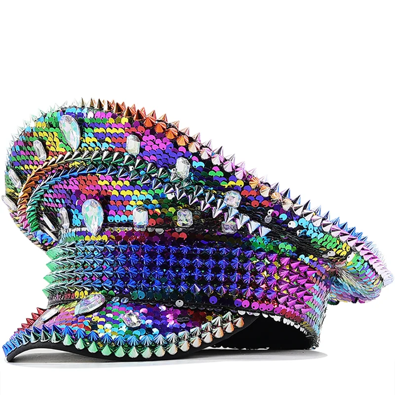 Colourful sequin Women Men Steampunk Military Hat Captain Cap For Lady Sergeant Bridal Hat Hen Do Festival Birthday Part