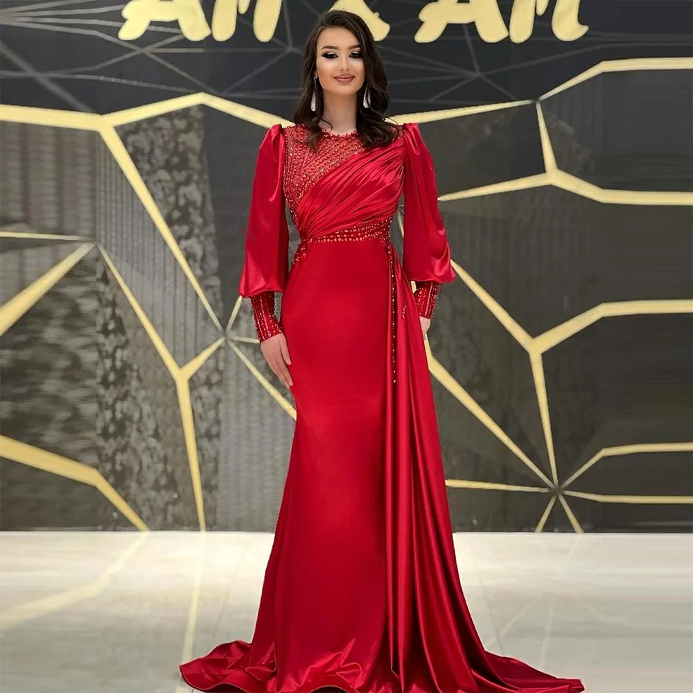 

Xijun Luxury Red Crystal Beadings Satin Mermaid Prom Dresses Long Sleeves Pleat Ruched Evening Dress Wedding Party Gown 2022