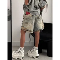 Jean déchiré Vintage Harajuku pour femmes, coupe ample, Y2K, dommages Emo Trashy, longueur mollet, Kpop Baggy, pantalon en Denim délavé 2