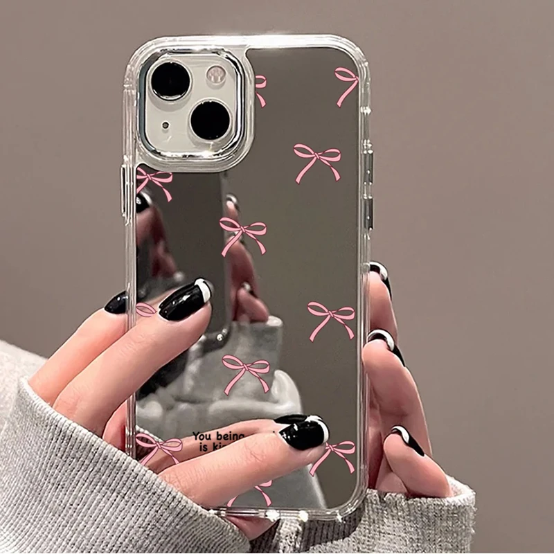 Chic Pink Black Bow Mirror Phone Case - Shockproof Clear Cover