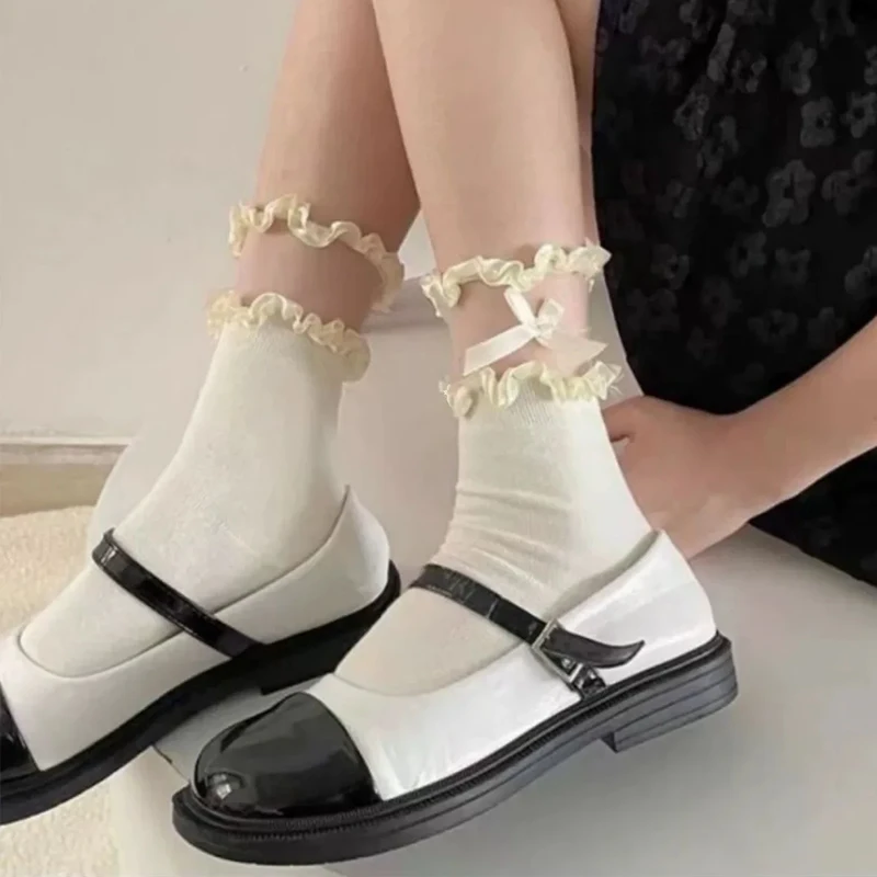 

Harajuku Cotton Lace Ruffle Socks Women Sweet Girls Lolita Bowknot Stockings JK Kawaii Mid-tube Sock Black White Streetwears