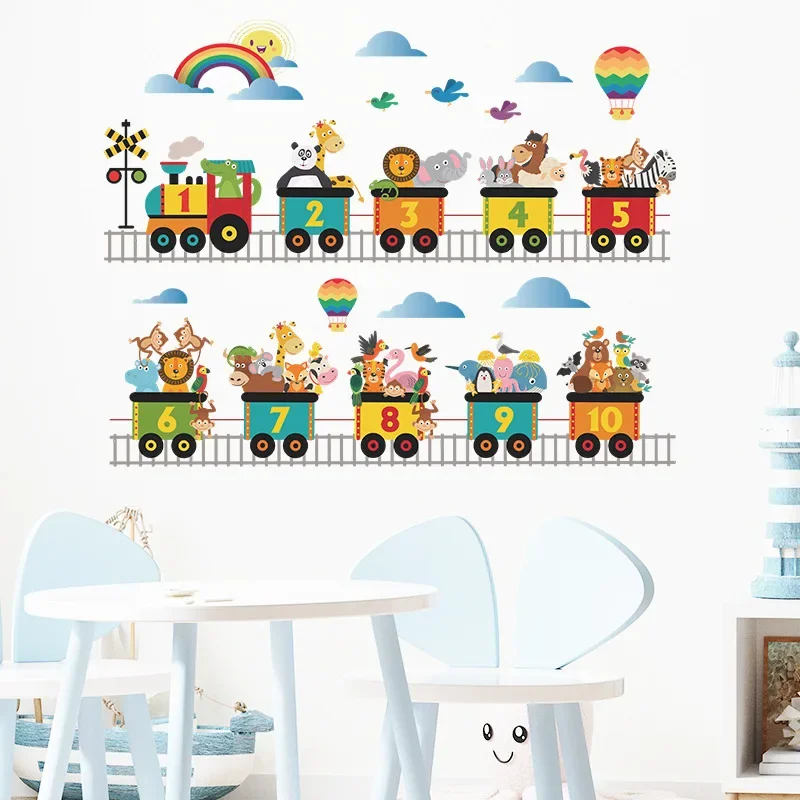 Cute Arabic Numeral Animals Train Wall Stickers for Kids room Children Bedroom Nursery Home Decor Kindergarten PVC Wall Decals