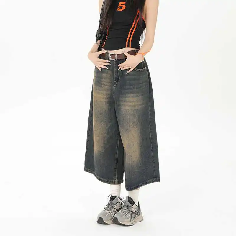 

QWEEK Y2k Vintage Baggy Jorts Women Summer Wide Leg Knee Length Jeans Korean Streetwear Casual Oversize Washed Denim Shorts