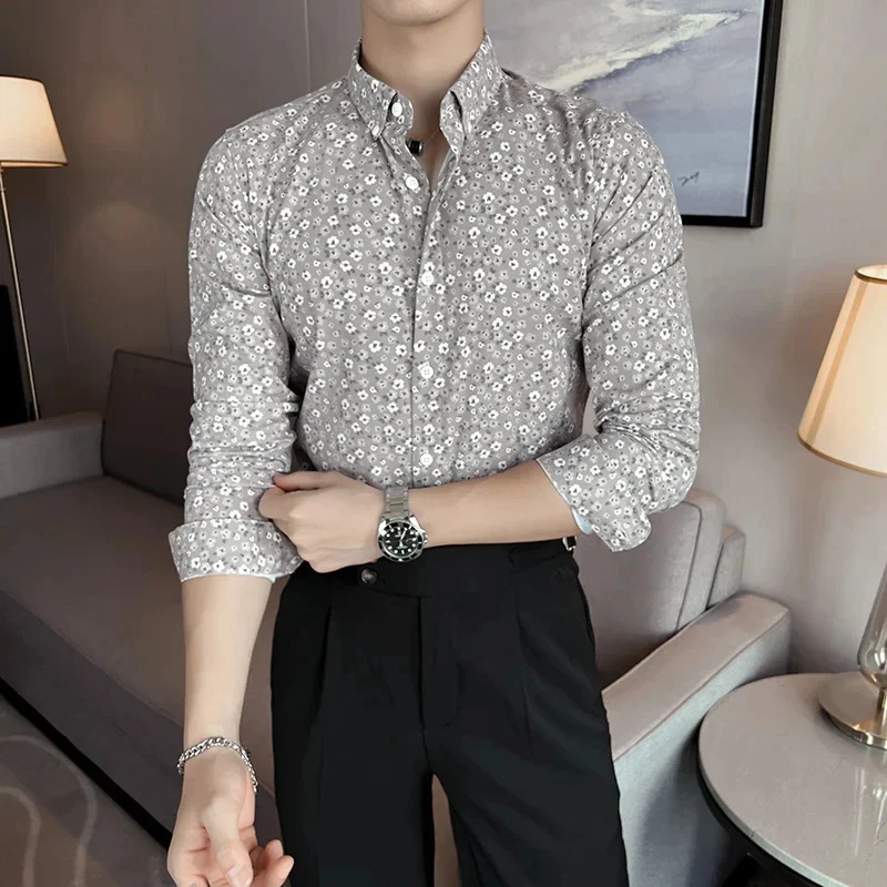 

2023 Autumn Flower Shirt Men Slim Fit Casual Business Formal Dress Shirts Long Sleeve Social Party Tuxedo Blouse Clothing