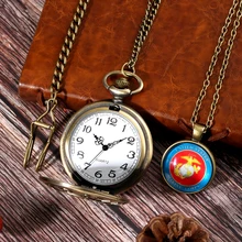 

Bronze Quartz Pocket Watch Necklace Marine Corps Logo Souvenir Gift Set for Men Pocket Watch Red Pedent Chain Clock with Box