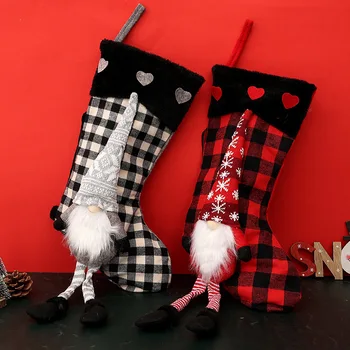 Christmas Candy Bags Gift Plush Lattice Christmas Socks Candy Gift Bag Creative Hanging Decoration New Year Xmas Party Gift Bag