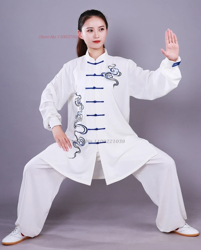 chinese tai chi uniform clouds embroidery wushu taiji morning exercise team tai chi kung fu martial stage performance set