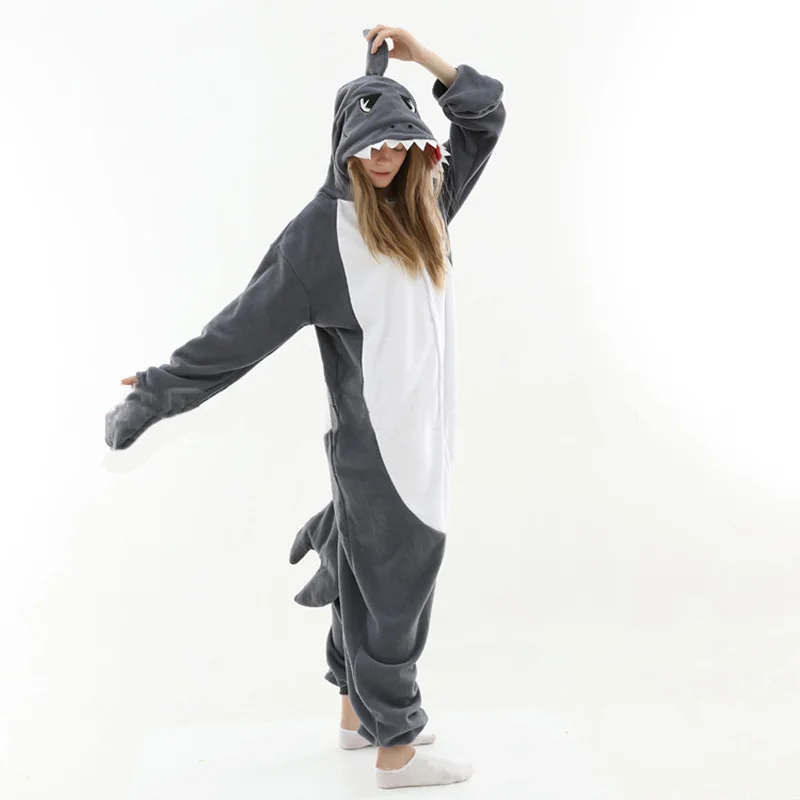 New Lovers Long-sleeved Cartoon One-piece Pajamas Gray Shark Polar fleece Festival Cosplay Costume Hooded Loungewear