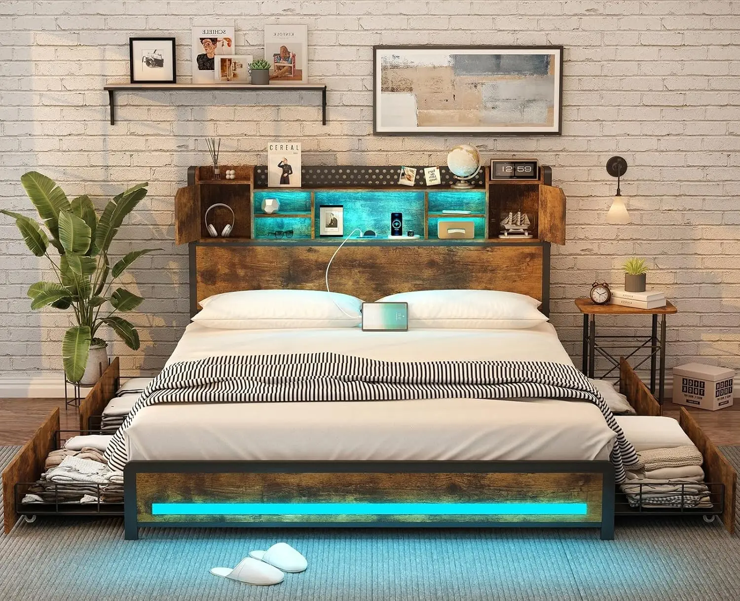 Description Picture 4 of itemQueen Bed Frame with Storage Drawers and Bookcase Headboard, LED Bed Frame Queen Size with Type-C & USB Ports