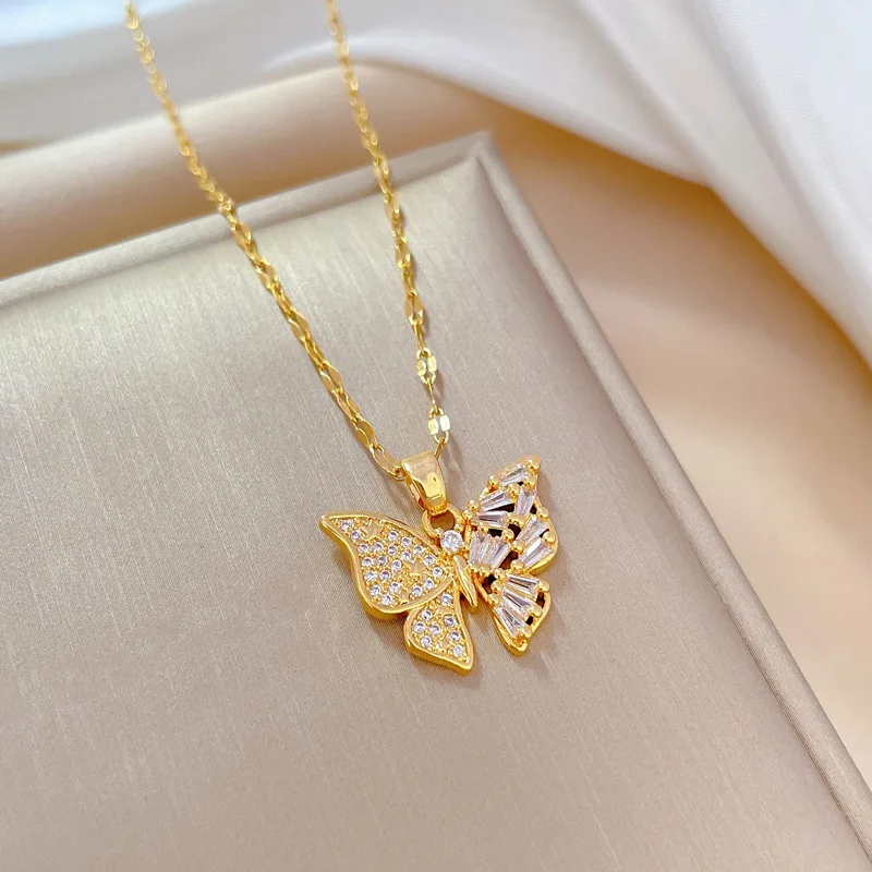 DIEYURO 316L Stainless Steel Gold Color Cute Butterfly Pendant