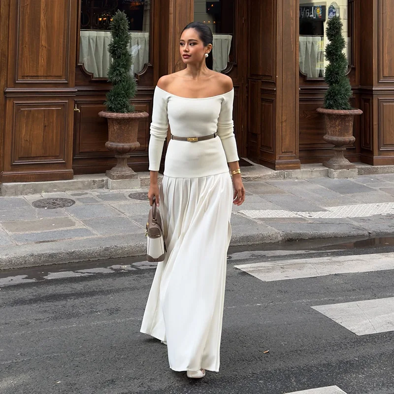 Off-Shoulder Fashion Patchwork Maxi Dress Women's Solid Elegant Commute Autumn Dress Female Backless Long Dress New