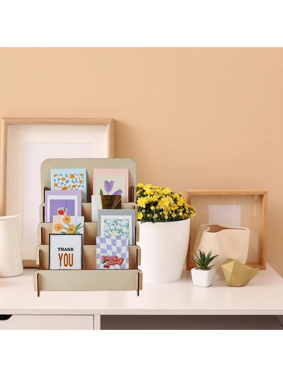 4-Tier Wooden Greeting Card Display Stand 1PC Sticker Display Stand Vendors Postcard Organizer Retail Racks Multipurpose card display stand
